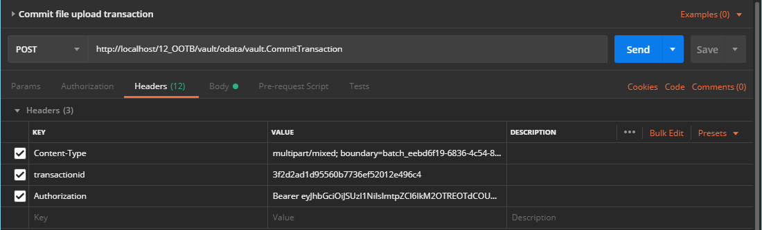 Postman screenshot showing the headers of the vault.CommitTransaction request