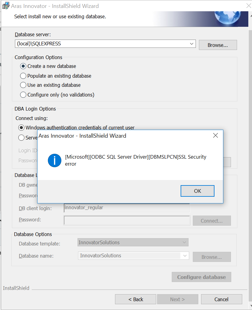 Error : Microsoft [ODBC SQL Server Driver]SSL Security Error | Aras