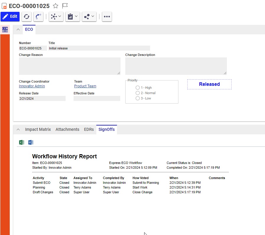 Audit the tasks on a completed change order sign-off stage? | Aras